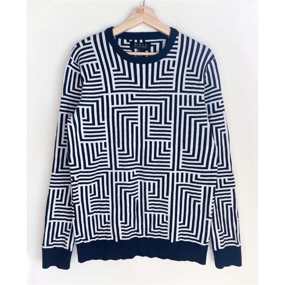 Forever 21 Men Geo Maze Cotton Crew Neck Sweater, Navy White, Size L